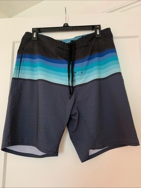 burnside Men's Navy Swim Trunks with Aqua & Teal Stripes